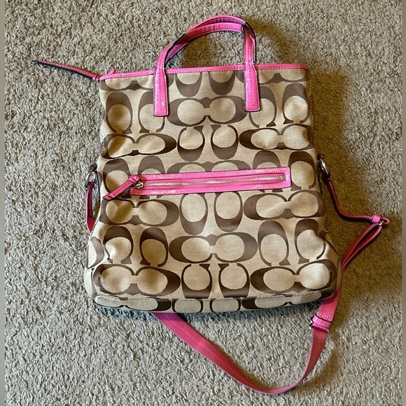 COACH Foldover Tote Shopper Signature Purse Pink Stripe F23304 Crossbody Bag Top - Picture 3 of 12